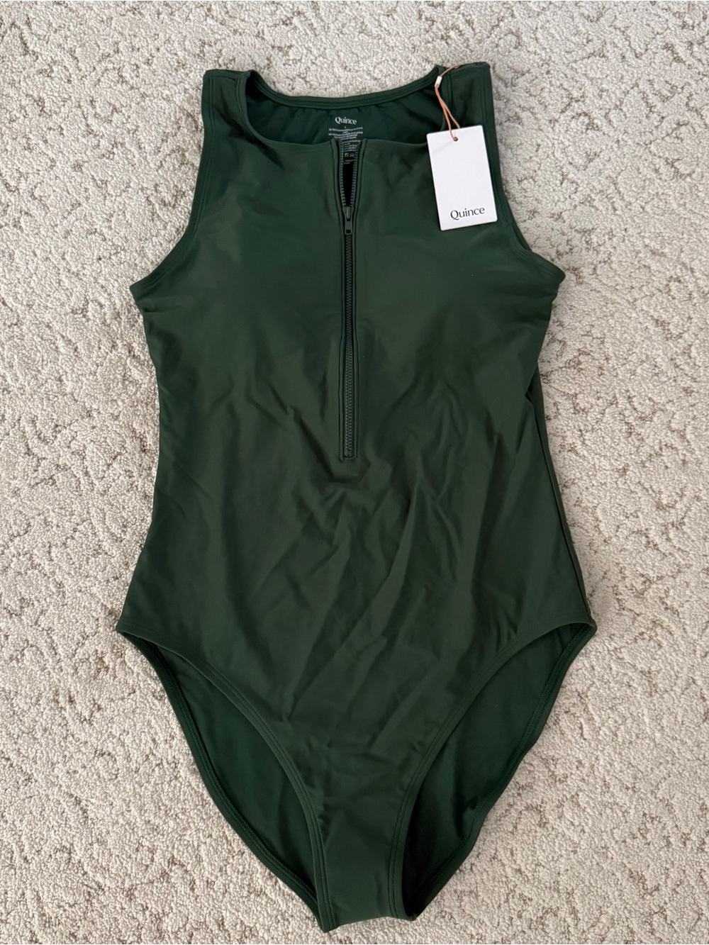 NWT Quince Italian Zip Front One Piece Swimsuit Size Large Palm Green Beach